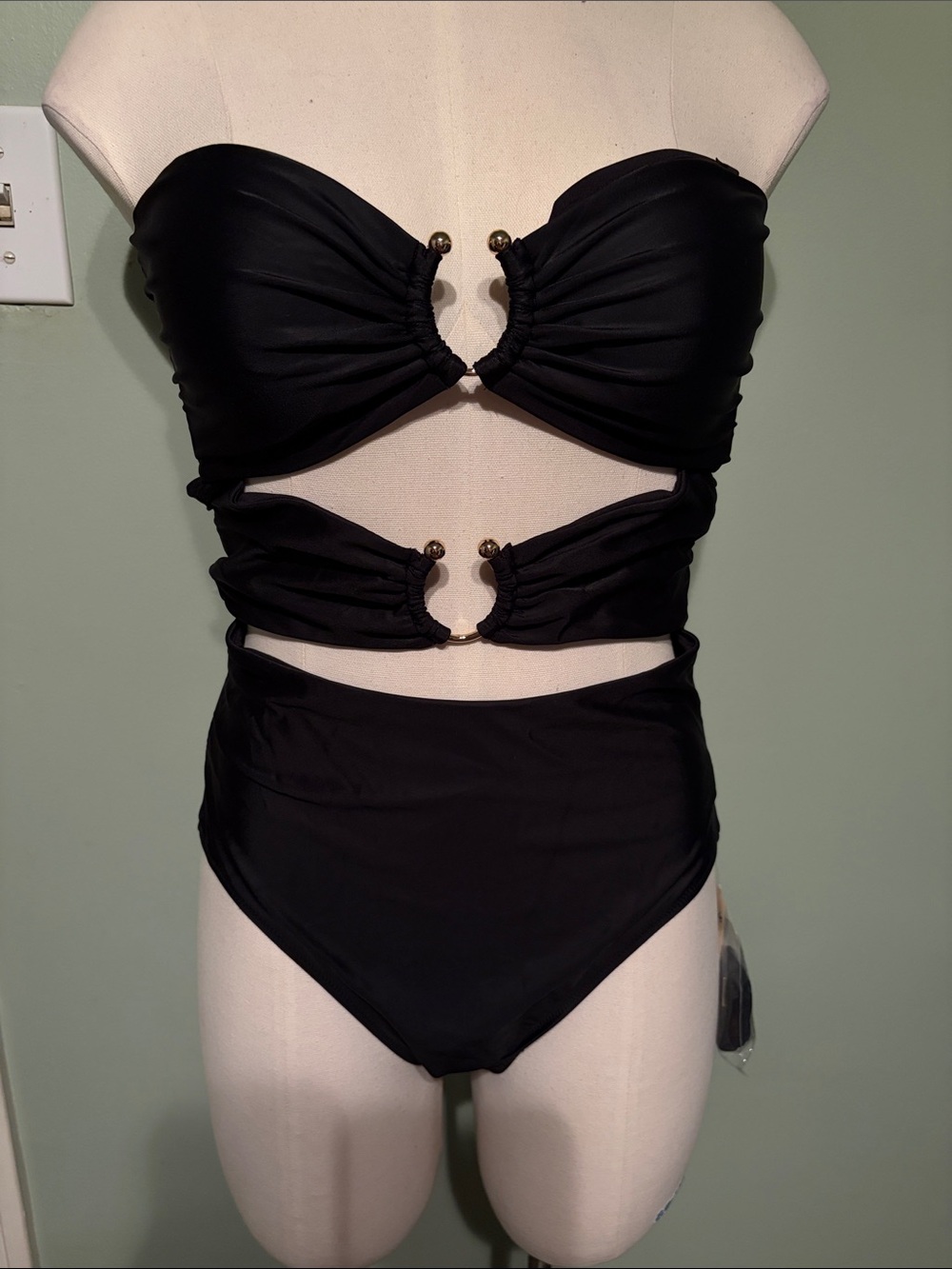 aerie Black Strapless Cutout Bandeau Bikini Set with Gold Rings